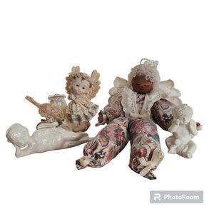 Cherub Angel Bundle Lot Shelf Sitters Set of Four Fabric Porcelain Resin Vintage
